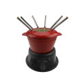 Red Enamel Cast Iron Fondue Pot with Forks